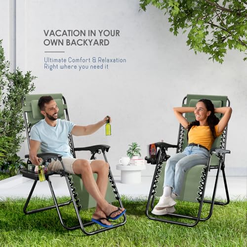 Nestl Zero Gravity Chairs 1 Pk, Portable Patio Lounge Outdoor with Pillows & Cup Holder Trays, Adjustable Steel Lawn Chair for Deck, Beach - Sage Green by Nestl - Image 8