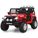COSTWAY 12V Kids Electric Ride on Truck, Battery Powered Off-road Car with Remote Control, LED Lights, Horn, Music, 4 Spring Suspension Wheels Vehicle Toy for Children (Red)