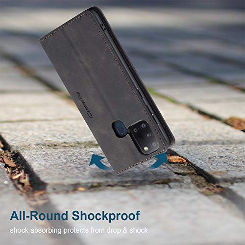 Ueebai Wallet Case For Samsung Galaxy A21S, Premium Pu Leather Case Vintage Matte Wallet Flip Cover [Card Slots] [Magnetic Closure] Stand Function Folio Shockproof Full Protection - Black #TOP4