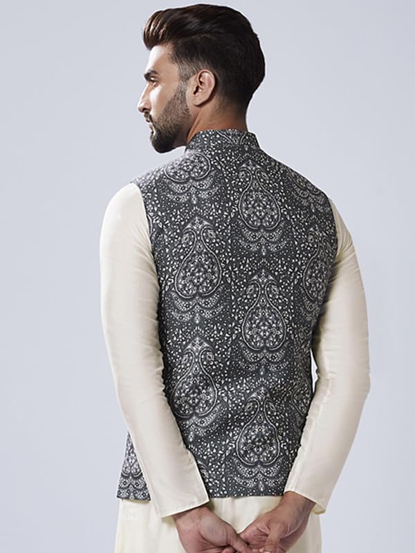 Image of Kisah Men's Silk Blend Printed Nehru Jacket Regular Fit | Designer Ethnic Layering | Wedding & Occasion Wear