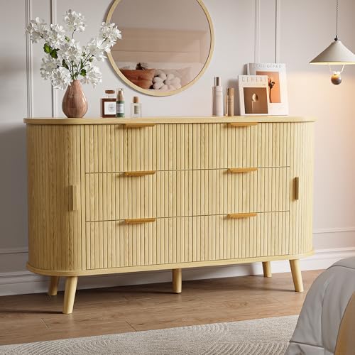 Decofy Fluted 6 Drawers Dresser, 55\'\' Wide Mid Century Modern Chest of Drawers with Sliding Door & Metal Handles, Curved Profile & Sturdy Legs, Wood TV Stand for Bedroom, Living Room (Natural Oak) - Thumbnail 3