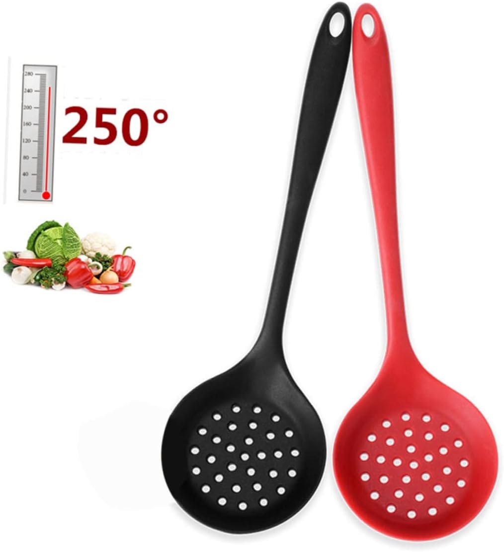 Ciieeo 3pcs Food Grade Silicone Colander Handle Non-stick Hot Pot Spoon for Straining Soup for Home and Restaurant Use Large Capacity Slotted Spoon Black
