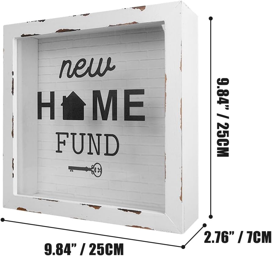 Honeymoon Fund Box Piggy Bank Shadow Box for Wedding Reception Party Bridal Shower Children Gift (White, New Home Fund)