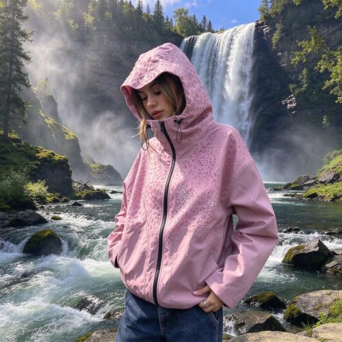 Womens Rain Jacket Zipper Water Reactive Cheetah Hooded Wind Breaker Jacket - image 5