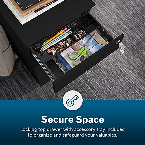 Image of Vari Essential File Cabinet - Home Office Filing Cabinet with Three Drawers for Storage - Metal Storage Cabinet with Roll-and-Lock Caster Wheels & Lockable Top Drawer - Fully Assembled (Black)
