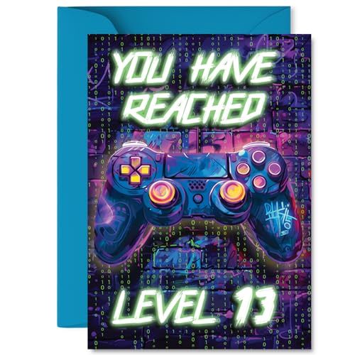 13th Birthday Cards for Boys Girls - Neon Video Gamer - Happy Birthday Card for 13 Year Old Boy Girl Daughter Grandson Nephew Sister, A5 Bday Greeting Cards