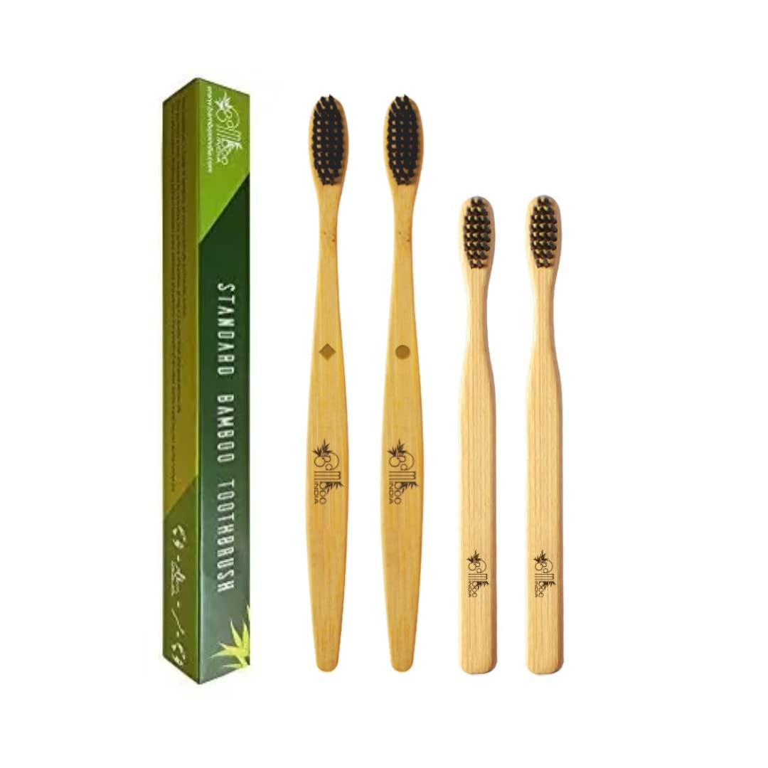 BambooIndia Bamboo Toothbrush Soft Manual | Pack Of 4 For Kids & Adults | BPA Free Dual Charcoal Black Soft Bristles with Toung Cleaner | Antibacterial & Biodegradable Handle | 100% Natural & Eco-Friendly - Image 2 thumbnail