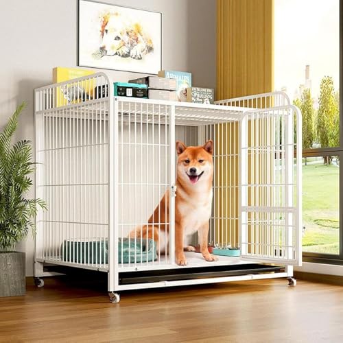 犬 ゲージ 大型 ペット 屋根付き ステンレス鋼 組立簡単 ペット キャスター付き 犬小屋 頑丈 中型犬 犬用 引き出しトレー付き 犬の 室内外兼用 (125x95x125cm,ホワイト)