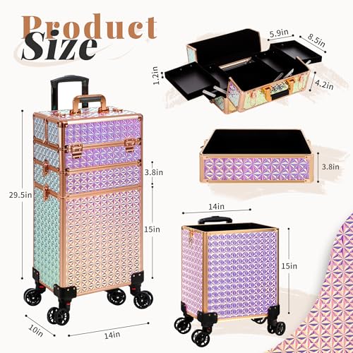 Image of 3 in 1 Rolling Makeup Train Case Professional Large Cosmetic Trolley Cosmetology Case on Wheels Traveling Cart Trunk for Hairstylist Artist Nail Beauty Salon Barber, Colorful