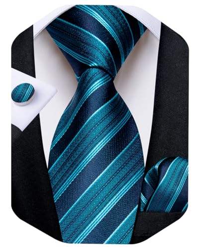 Image of DiBanGu Striped Tie Set for Men Silk Woven Plaid Necktie and Pocket Square Cufflinks Business Wedding