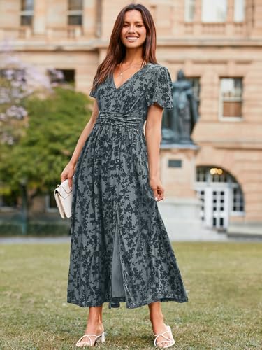 Image of Simplee Women's Velvet Maxi Dress V Neck Short Sleeve Empire Waist Semi Formal Long Cocktail Dresses