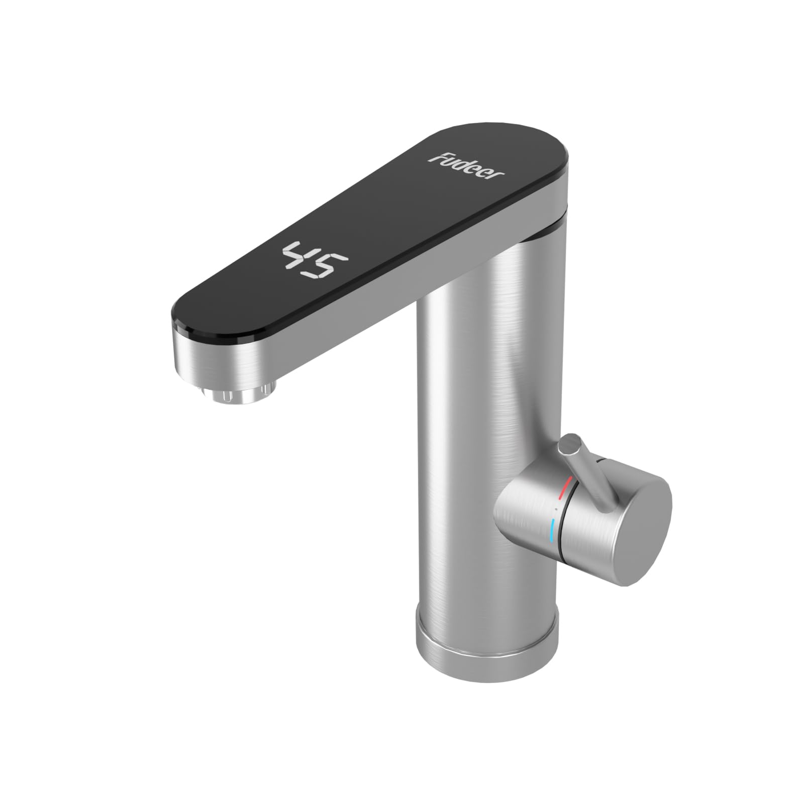 Fudeer wasserhahn mit durchlauferhitzer 230V, 3.3KW Badezimmer Elektrischer Wasserhahn mit digitaler Anzeige (30-45℃),Schnelles Aufheizen, 120° drehbarer Auslauf, 304 Edelstahl(Silber)