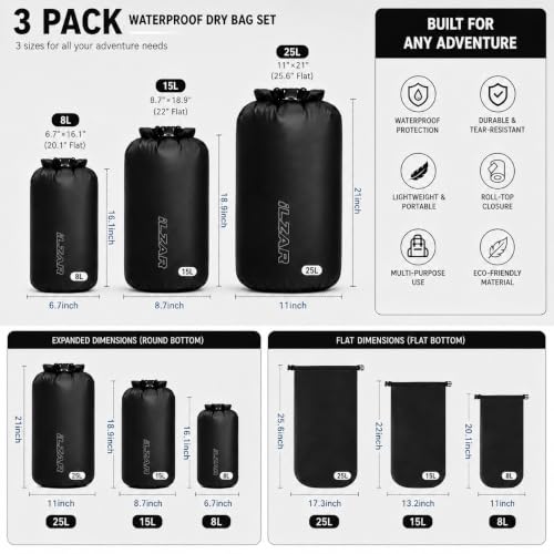 Set de 3 Bolsas Secas Impermeables, 8L 15L 25L con Fondo Redondo miniatura 4