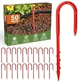 Fuutreo 50 Pcs 5.79 Inch Drip Irrigation Hold Down Stakes U-Shaped Barbed Hose Stakes Red Plastic Hose Hold-Down Anchor for Lawn Drip System, Soaker Lines, Garden Irrigation System