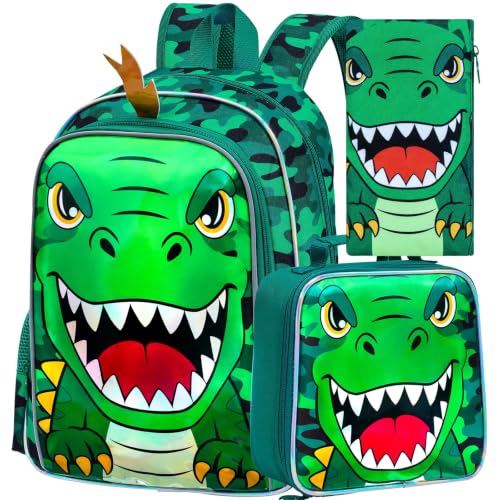 Image of 16 inch Dinosaur Backpack for Boys, 3Pcs Dino Kids Bookbag with Lunch Box, School Backpacks for Elementary Preschool Kindergarten (Green)