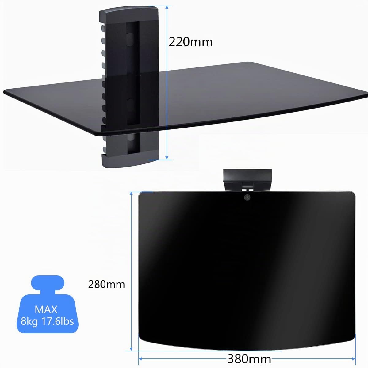 Suptek Supporto da Parete per Lettori DVD e Console TV con Ripiano in Vetro Nero CS201