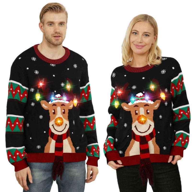 Ugly Christmas Sweater LED,Weihnachtspullover Damen Herren,hässlich Weihnachtspullover Familie witzig,lustiger Weihnachtspullover mit Licht,Rentier Weihnachtspulli für...