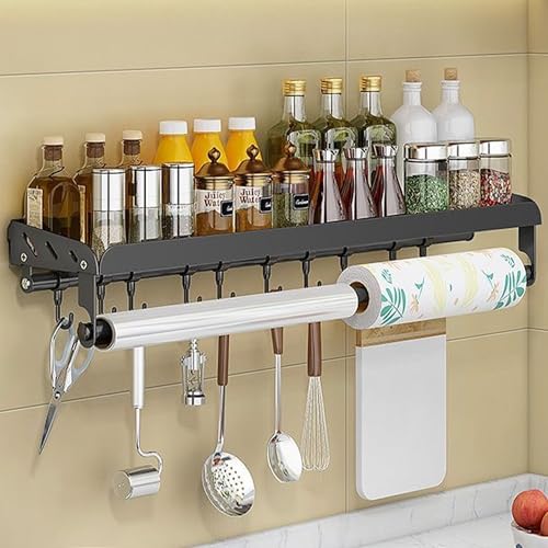 UUE Gewürzregal mit Küchenrollenhalter und 10 Haken, 60cm Hängend, Küchenregal Ohne Bohren aus Edelstahl für Küchen und Bad Organizer, Schwarz
