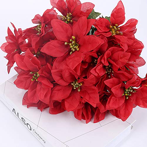 image for NAHUAA Nahuaa 6PCS Christmas Artificial Flowers Silk Poinsettia Bouque
