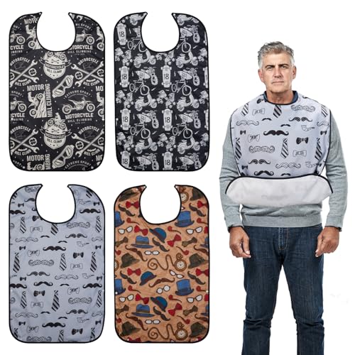 Lurkomemo 4-Pack Adult Bibs for Eating 18x30 Waterproof Bibs for Men with Snap Buttons and Crumb Catcher - Adjustable and Washable Clothing Protector for adults Seniors and People with Disabilities