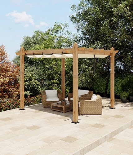 Image of KYBOLT 10x10 Ft Outdoor Pergola with Retractable Canopy Aluminum Imitation Wood Grain Metal Patio Pergola for Backyard Deck Porch Grape Trellis(Beige)