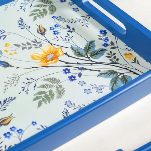 Image of Nestasia Wooden Serving Trays Set of 3 Different Sizes | Nested Design with Floral Print, Easy-Grip Handles, and Non-Slip Base | Ideal for Seving Snacks, Beverages, Desserts, Coffee, Breakfast