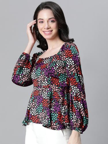 Image of Women Solid Round Neck Elasticated Polka Print Long Sleeve Top