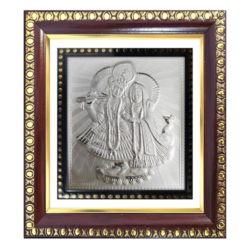 Image of ARTSMINE - 999 Pure Silver Radha Krishna Frame - Pure Silver Sheet with Purity Certificate | Pooja Room, Home & Office Decor | Wedding, Corporate & Housewarming Gift | Handcrafted Table Top & Wall Mount - 1 Unit (14 x 12.5 CM / 5.5 x 5.0 Inch)