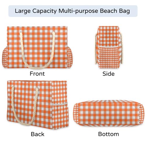 Orange Buffalo Plaid Tote Beach Bag for Women with Zipper Large Waterproof Sandproof Swim Pool Bag4