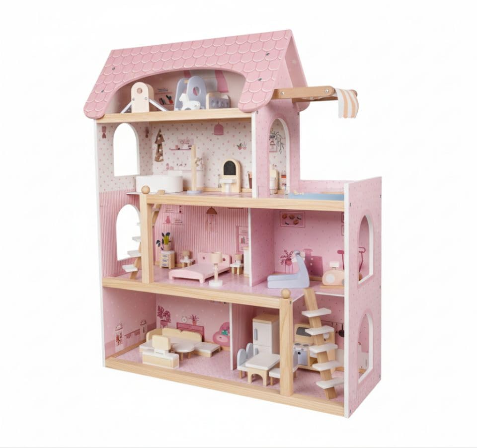 RELAX4LIFE Casa de Muñecas Madera de 4 Pisos con 33 Accesorios, 6 Habitaciones, Terraza, Piscina y 2 Escaleras, Casita de Muñecas de MDF y Madera Pino para Niños 3+ Años, 62x25x78cm (Rosa)