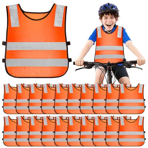 YFNVH Lot de 20 Gilets de Sécurité Haute Visibilité pour Enfants, Gilets Réfléchissants Orange Fluo pour École, Sorties Scolaires, Vélo, Course,...