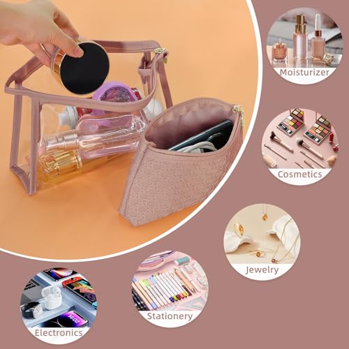 Makeup Bag Set of 2 – Clear PVC Toiletry Bag with Zipper & PU Leather Cosmetic Pouch, Travel Makeup Organizer Bags for Women, Portable Leather Pouch for Purse or Travel, Brown2