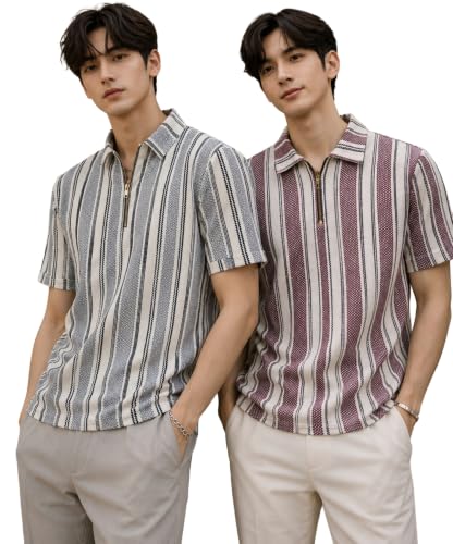 Image of London Hills Men's Loose Fit Half Sleeve Vertical Striped Polo T-Shirt with Zip Collar | Premium Polyester Fabric | T Shirt for Man | Tshirt | Shirts Men | Tshirt for Man | Men T-Shirts