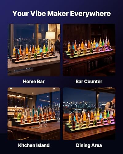 Image of VEVOR LED Lighted Liquor Bottle Display, 3 Tiers 60 inches, Acrylic Illuminated Home Bar Shelf Display with RF Remote & App Control, DIY Setup with Type-C Cables, 9 Static Colors, for 45-60 Bottles