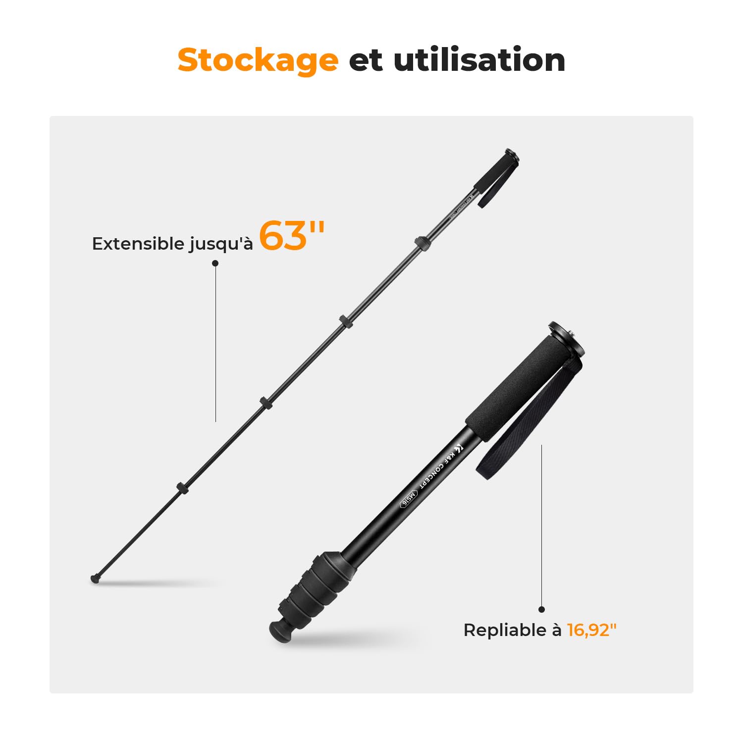 K&F Concept Monopode 160cm, Trépied de Voyage Multifonctionnel Amovible pour Gopro DSLR avec Cordon Anti-Perte, Extensible Appareil Photo, Charge Max 5kg, Poids 0,33kg - MS16