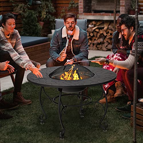 COSTWAY 90cm Dining Table Fire Pit, 4in1 Round Wood Burning Fire Bowl with Cooking Grill, Wood