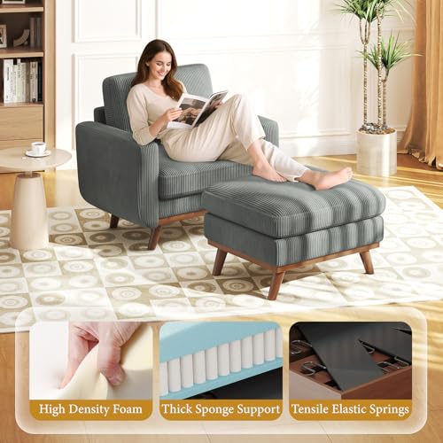Image of Vesgantti 38.5 inch Accent Chair with Movable Ottoman, Comfy Corduroy Armchair with Spring Cushion, Reading Chair with Ottoman, Modern Single Sofa for Living Room, Bedroom and Apartment, Dark Gray