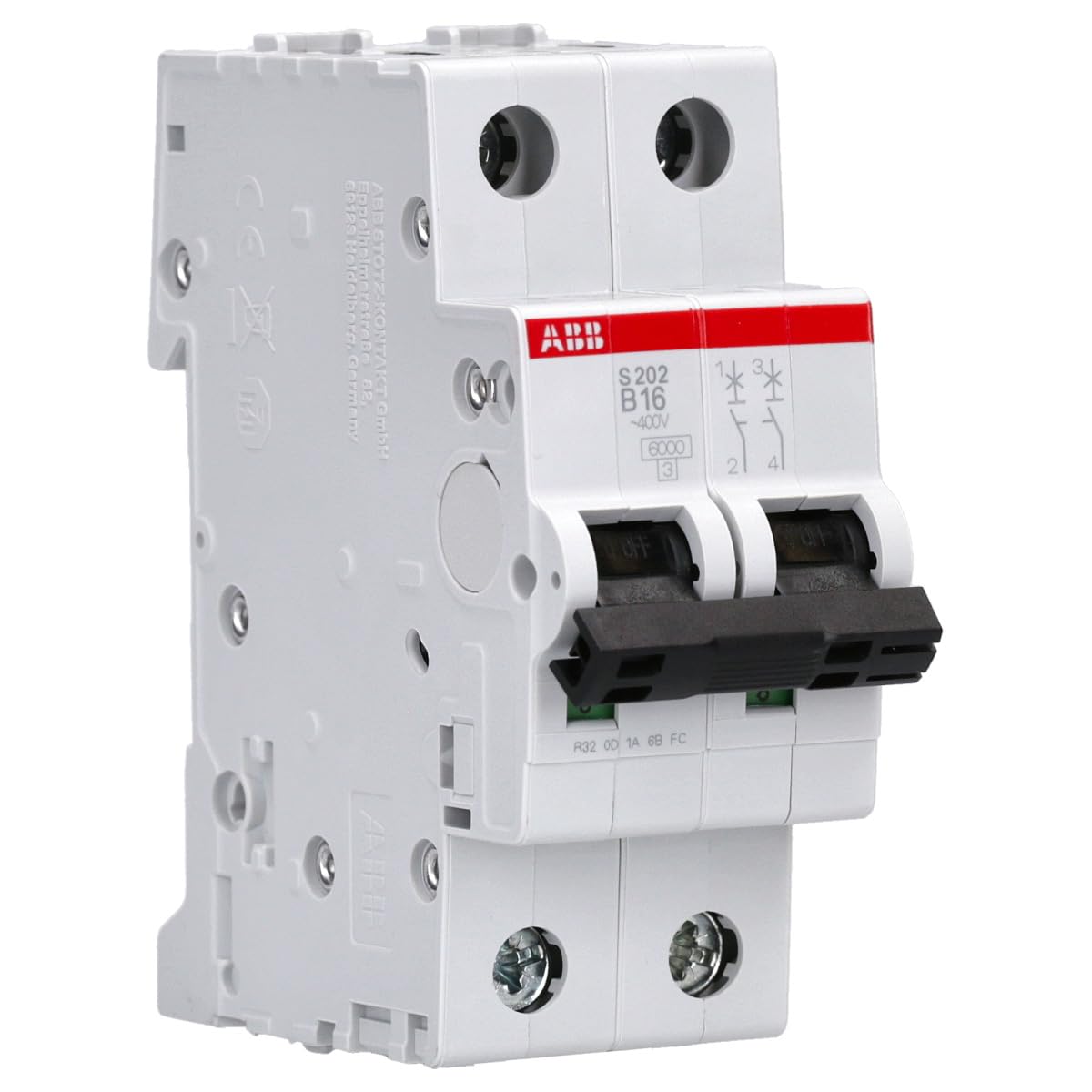 S202-B16 Miniature Circuit Breaker, 2 Pole, Type B, 6/10kA Breaking Capacity, 16 Amp Current (2CDS252001R0165)