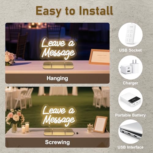Image of Leave a Message Neon Sign With Holder Base, Neon Guestbook Table Signs for Wedding Shop Business Desk Decor Reception Welcome Dimmable Led Sign, Warm White USB Neons Light