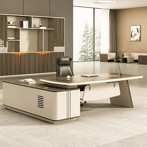Image of Lakdi The Furniture Co Director L-Shape Office Table Luxury Desk with Multi-Function Ports Functional Hettich & Blum Hardware Drawers and Ample Storage - Beige and Dark Brown - LDL-602