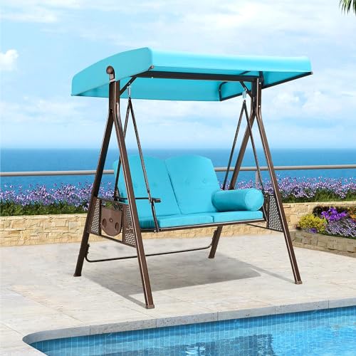 Image of PURPLE LEAF 2-Seat Deluxe Outdoor Patio Porch Swing with Weather Resistant Steel Frame, Adjustable Tilt Canopy, Cushions and Pillow Included, Turquoise Blue
