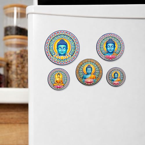 Image of Regalo Casila Buddha Art Fridge Magnets Set of 5 Wooden Refrigerator Magnets Spiritual Decorative Kitchen Magnets Souvenir Gift Set Strong Magnetic Home Decor