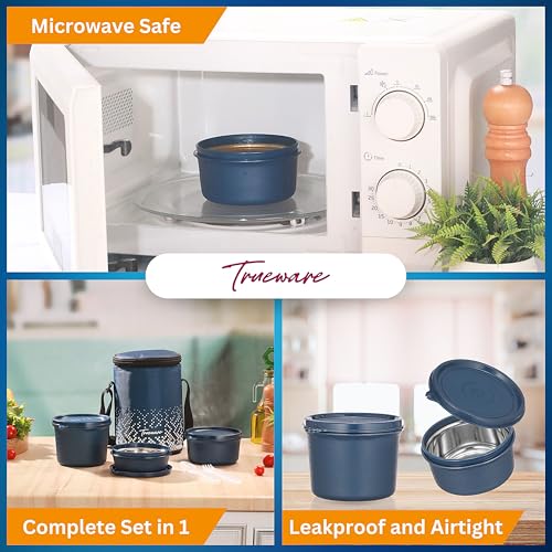Image of Trueware Omaga Lunch Box with Insulated Fabric Jacket, 3 Microwave Safe & Leak Proof Inner Stainless Steel Containers (1 x 200ml, 1 X 400ml & 1 X 500ml) Tiffin for Office, College