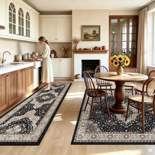TUKDAK Vintage Teppich Wohnzimmer 120x180cm, Schwarz Weiß Waschbarer Teppich Schlafzimmer, Boho Kurzflor Esszimmer Teppiche… – Ansicht 5