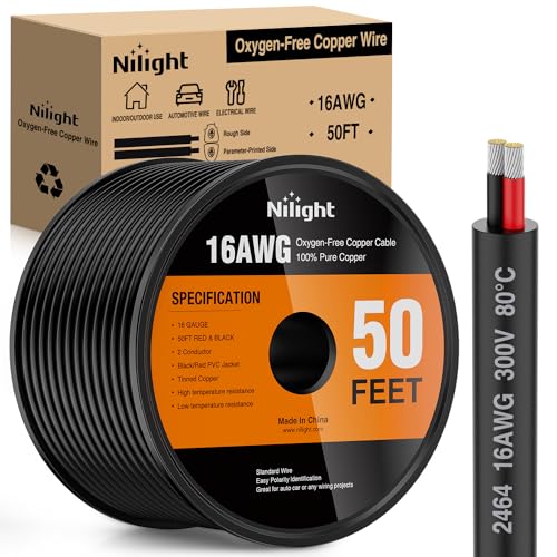 Image of Nilight 50FT 16AWG Oxygen-Free Copper Wire Red Black | Electrical Wires Stranded PVC Cord 2 Conductor Parallel 300V DC Flexible Extension Cords for LED Strips Lamps Lighting