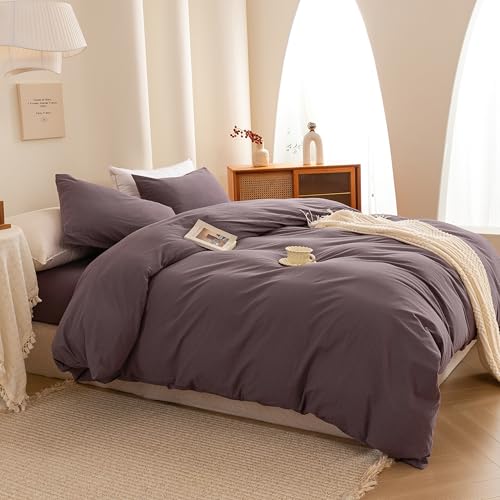 Image of ECOCOTT Duvet Cover Set, 100% Washed Cotton Linen-Like Textured Soft & Breathable, Durable Comfy Bedding Set for All Seasons Oversized Queen Size, Lilac Purple