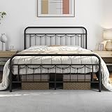 Yaheetech Queen Size Metal Bed Frames with Vintage Headboard and Footboard, Farmhouse Metal Platform Bed, Heavy Duty Steel Slat Support, Ample Under-Bed Storage, No Box Spring Needed, Black