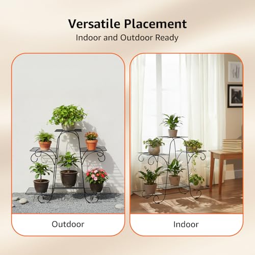 Image of Amazon Basics Metal Planter Stand for Living Room, Indoor Outdoor Plant Stand for Balcony and Home Decor, Holds 6 Planters, Black