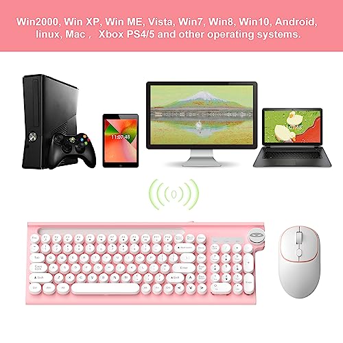 Image of Pink Wireless Keyboard and Mouse Combo, MageGee 2.4G USB 101Keys officeTypewriter, Waterproof Cute Round Retro Aesthetic Keyboard for Computer,PC,Desktops,Laptop, Mac(White Pink)