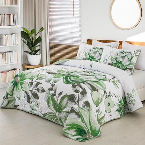 Goodidea Floral Queen Quilt Set 3 Pieces Green Flower Bedspread Soft Microfiber Lightweight Reversible Coverlet Quilt Bedding Set with 2 Pillowcases for All Season(Queen, 96"X90") Cover